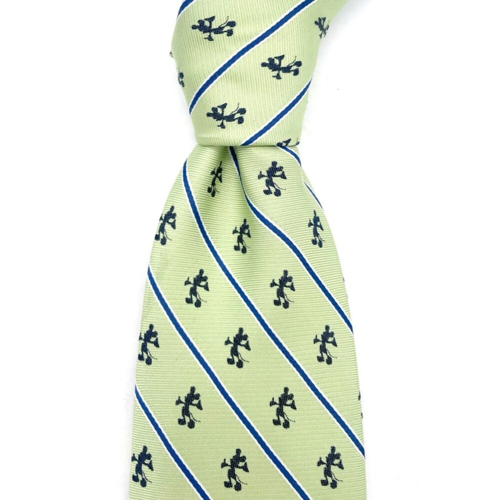 Vintage Disneyland Resort Silk Tie Green Stripe Mickey Mouse Necktie Mens